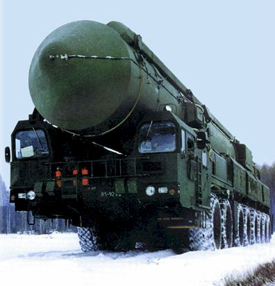 Russian SS-27 Topol-M Mobile Nuclear ICBM (11,000km range = about 6,840 miles) with 600 kiloton warhead - 36 units deployed